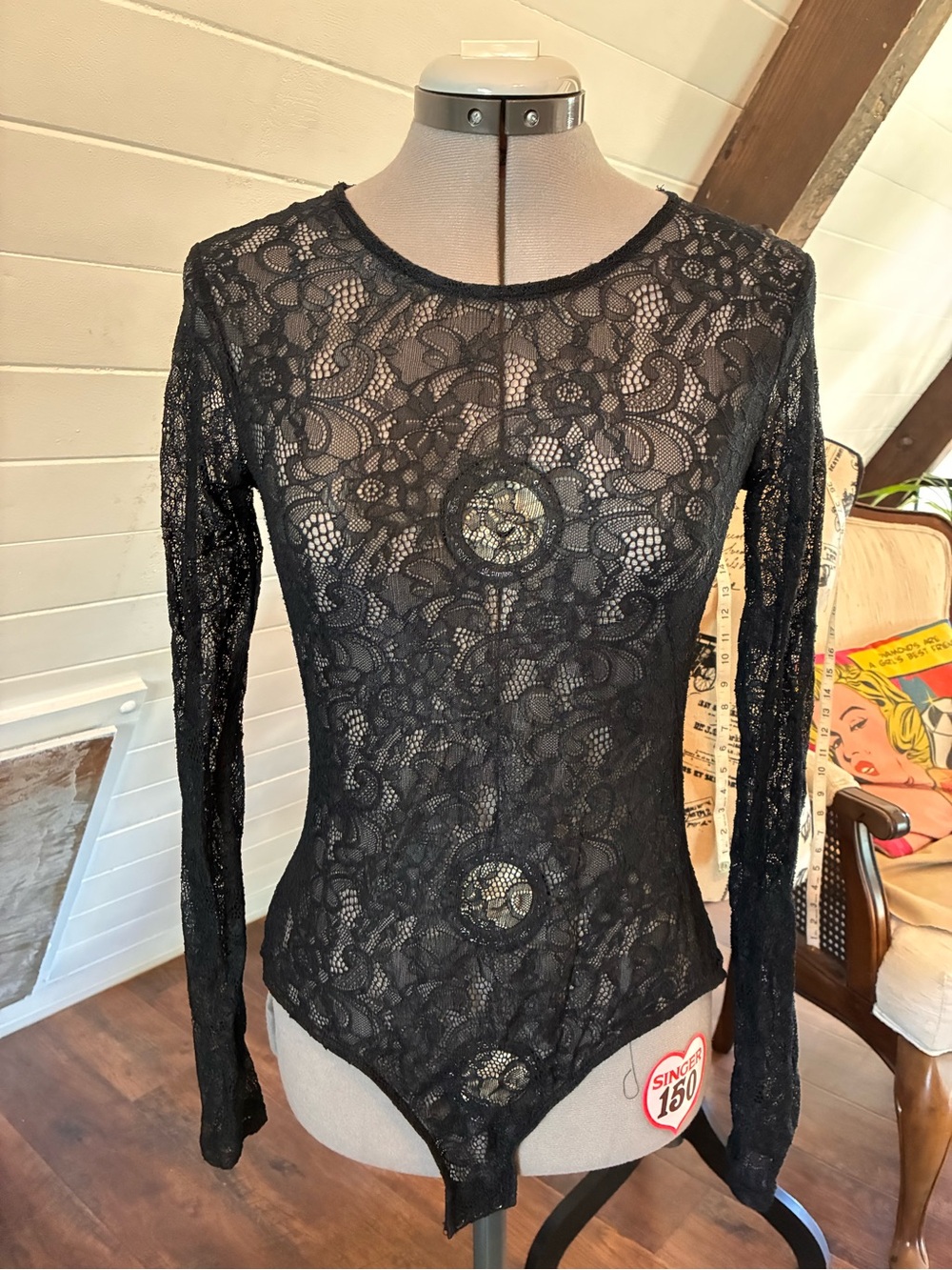 Kate Young Black Lace Long-Sleeve Bodysuit - Women Tops size Small